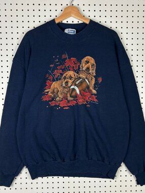 Puppy Dog Football Fall Vintage Women's XL Crewneck Sweatshirt Graphic Blue Y2K